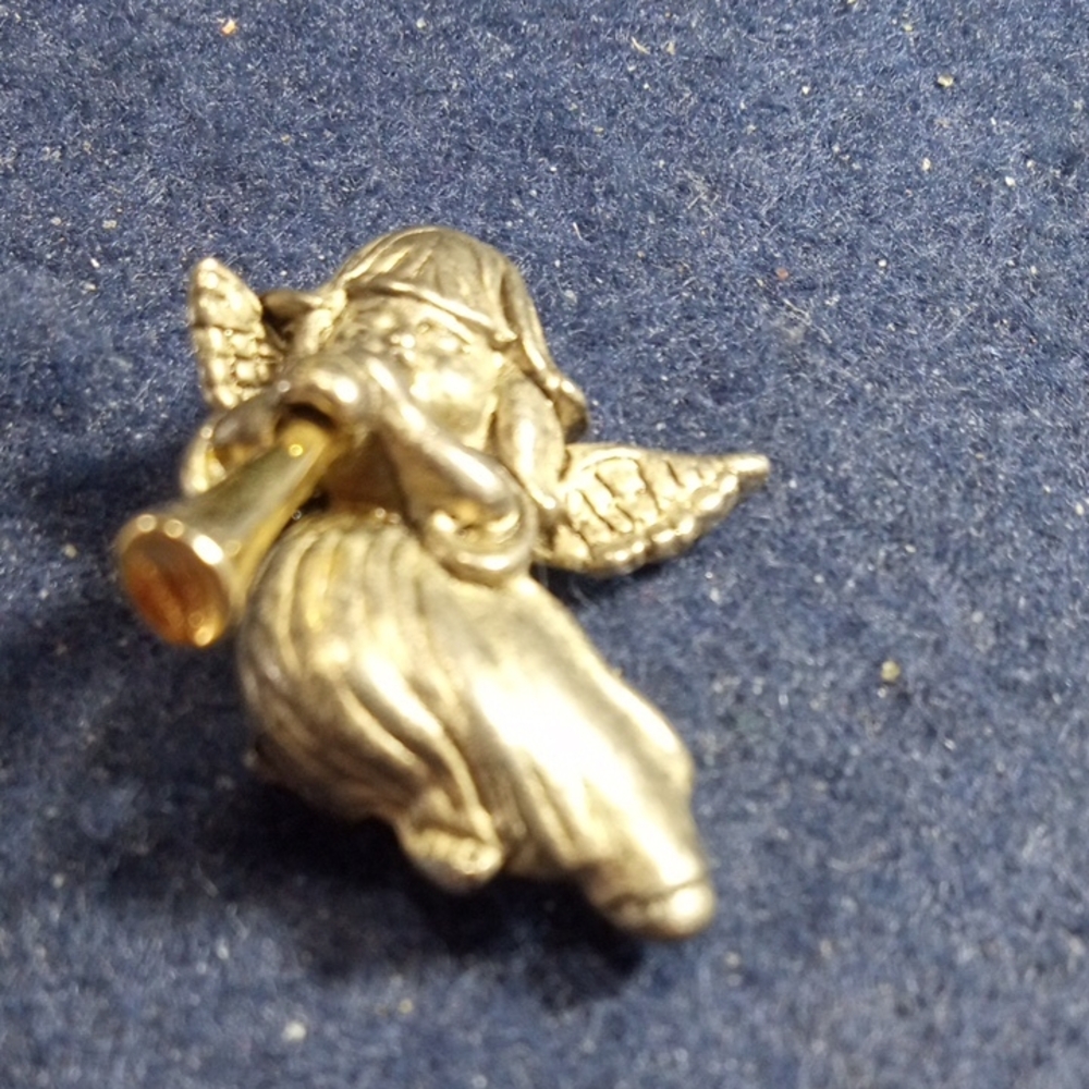 Silvertone Angel Brooch with Trumpet Vintage